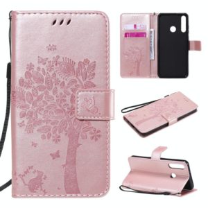 For Huawei Y6p Tree & Cat Embossed Pattern Horizontal Flip Leather Case with Holder & Card Slots & Wallet & Lanyard(Rose Gold) (OEM)