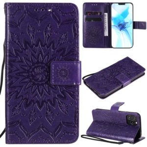 For iPhone 12 / 12 Pro Pressed Printing Sunflower Pattern Horizontal Flip PU Leather Case Holder & Card Slots & Wallet & Lanyard(Purple) (OEM)