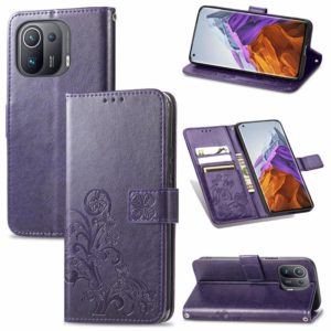 For Xiaomi Mi 11 Pro Four-leaf Clasp Embossed Buckle Mobile Phone Protection Leather Case with Lanyard & Card Slot & Wallet & Bracket Function(Purple) (OEM)