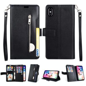 For iPhone XR Multifunctional Zipper Horizontal Flip Leather Case with Holder & Wallet & 9 Card Slots & Lanyard(Black) (OEM)