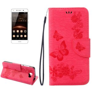 For Huawei Y5II Pressed Flowers Butterfly pattern Horizontal Flip Leather Case with Magnetic Buckle & Holder & Card Slots & Wallet(Magenta) (OEM)