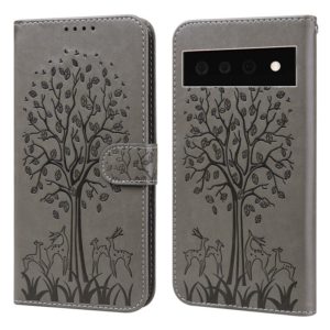 For Google Pixel 6 Pro Tree & Deer Pattern Pressed Printing Horizontal Flip Leather Phone Case(Grey) (OEM)