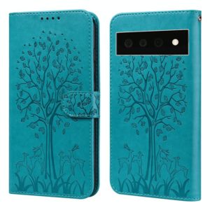 For Google Pixel 6 Pro Tree & Deer Pattern Pressed Printing Horizontal Flip Leather Phone Case(Blue) (OEM)