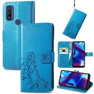 For Motorola Moto G Pure Four-leaf Clasp Embossed Leather Case with Lanyard & Card Slot & Wallet & Holder(Blue) (OEM)