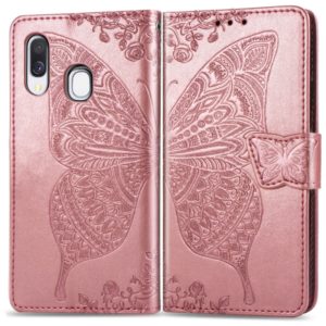 Butterfly Love Flowers Embossing Horizontal Flip Leather Case for Galaxy A40, with Holder & Card Slots & Wallet & Lanyard (Rose Gold) (OEM)