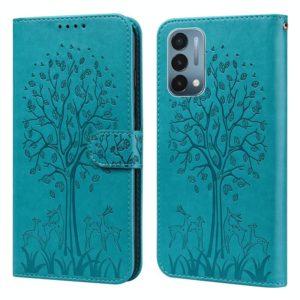 For OnePlus Nord N200 5G Tree & Deer Pattern Pressed Printing Horizontal Flip Leather Phone Case(Blue) (OEM)
