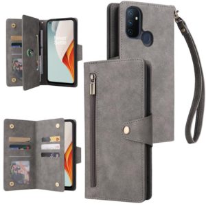 For OnePlus Nord N100 Rivet Buckle 9 Cards Three Fold Leather Phone Case(Grey) (OEM)