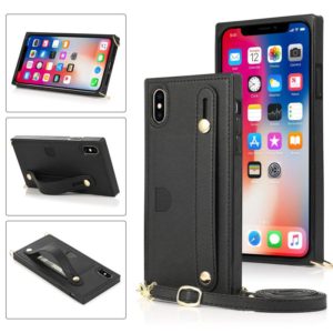 For iPhone X / XS Wrist Strap PU+TPU Shockproof Protective Case with Crossbody Lanyard & Holder & Card Slot(Black) (OEM)