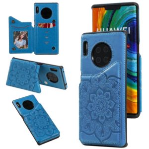 For Huawei Mate 30 Pro Flower Embossing Pattern Shockproof Protective Case with Holder & Card Slots & Photo Frame(Blue) (OEM)