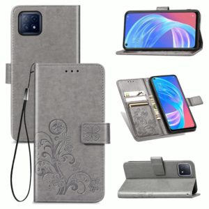 Four-leaf Clasp Embossed Buckle Mobile Phone Protection Leather Case with Lanyard & Card Slot & Wallet & Bracket Function For OPPO A72 5G(Grey) (OEM)