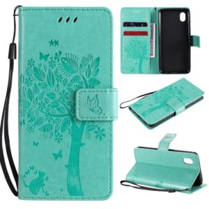 For Samsung Galaxy A01 Core Tree & Cat Pattern Pressed Printing Horizontal Flip PU Leather Case with Holder & Card Slots & Wallet & Lanyard(Green) (OEM)