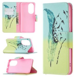 For Huawei P50 Colored Drawing Pattern Horizontal Flip Leather Case with Holder & Card Slots & Wallet(Feather) (OEM)