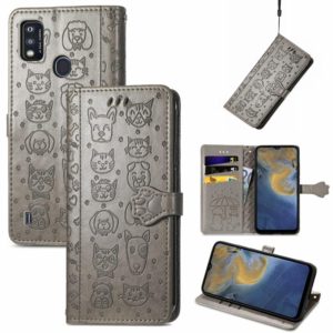 For ZTE A51 Lovely Cat and Dog Embossing Pattern Horizontal Flip Leather Case , with Holder & Card Slots & Wallet & Cartoon Clasp & Lanyard(Grey) (OEM)