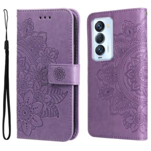 For Tecno Camon 18 Premier 7-petal Flowers Embossed Flip Leather Phone Case(Light Purple) (OEM)