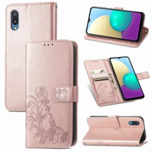 For Samsung Galaxy A02 Four-leaf Clasp Embossed Buckle Mobile Phone Protection Leather Case with Lanyard & Card Slot & Wallet & Bracket Function(Rose Gold) (OEM)