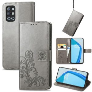 For OnePlus 9R Four-leaf Clasp Embossed Buckle Mobile Phone Protection Leather Case with Lanyard & Card Slot & Wallet & Bracket Function(Gray) (OEM)