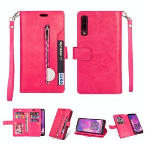 For Samsung Galaxy A7 (2018) Multifunctional Zipper Horizontal Flip Leather Case with Holder & Wallet & 9 Card Slots & Lanyard(Rose Red) (OEM)