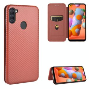 For Samsung Galaxy A11(EU Version) Carbon Fiber Texture Horizontal Flip TPU + PC + PU Leather Case with Rope & Card Slot(Brown) (OEM)