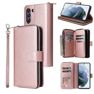 For Samsung Galaxy S21 FE Zipper Wallet Bag Horizontal Flip PU Leather Case with Holder & 9 Card Slots & Wallet & Lanyard & Photo Frame(Rose Gold) (OEM)