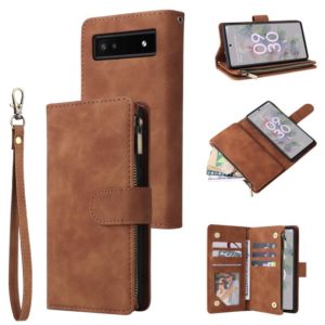 For Google Pixel 6a Multifunctional Frosted Zipper Wallet Leather Phone Case(Brown) (OEM)