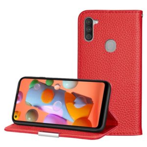 For Galaxy A11 Litchi Texture Solid Color Horizontal Flip Leather Case with Bracket & Card Slots & Wallet & Lanyard(Red) (OEM)