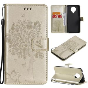 For Nokia 6.3 Tree & Cat Pattern Pressed Printing Horizontal Flip PU Leather Case with Holder & Card Slots & Wallet & Lanyard(Gold) (OEM)