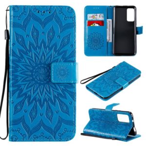 For Huawei Honor X10 Pressed Printing Sunflower Pattern Horizontal Flip PU Leather Case Holder & Card Slots & Wallet & Lanyard(Blue) (OEM)