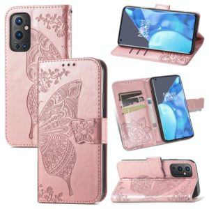 For OnePlus 9 Pro Butterfly Love Flowers Embossed Horizontal Flip Leather Case with Holder & Card Slots & Wallet & Lanyard(Rose Gold) (OEM)