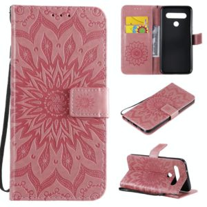 For LG K61 Pressed Printing Sunflower Pattern Horizontal Flip PU Leather Case Holder & Card Slots & Wallet & Lanyard(Pink) (OEM)