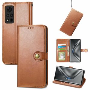 For Honor V40 5G Solid Color Leather Buckle Phone Case with Lanyard & Photo Frame & Card Slot & Wallet & Stand Function(Brown) (OEM)