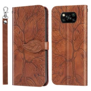 For Xiaomi Poco X3 Life of Tree Embossing Pattern Horizontal Flip Leather Case with Holder & Card Slot & Wallet & Photo Frame & Lanyard(Brown) (OEM)