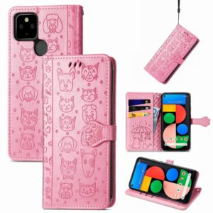 For Google Pixel 5a 5G Lovely Cat and Dog Embossing Pattern Horizontal Flip Leather Case , with Holder & Card Slots & Wallet & Cartoon Clasp & Lanyard(Pink) (OEM)