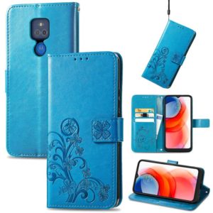 For Motorola G Play Four-leaf Clasp Embossed Buckle Mobile Phone Protection Leather Case with Lanyard & Card Slot & Wallet & Bracket Function(Blue) (OEM)