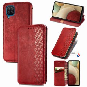 For Samsung Galaxy A12 Cubic Grid Pressed Horizontal Flip Magnetic PU Leather Case with Holder & Card Slots & Wallet(Red) (OEM)