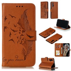 Feather Pattern Litchi Texture Horizontal Flip Leather Case with Wallet & Holder & Card Slots For Huawei Honor 20(Brown) (OEM)