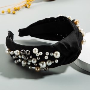 2 PCS Wide-sided Nails With Pearls And Knotted Mori Hair Band Washing-face Headband Sweet Hair Accessoris(Black) (OEM)