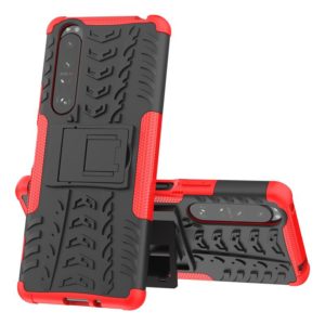 For Sony Xperia 1 III Tire Texture Shockproof TPU+PC Protective Case with Holder(Red) (OEM)