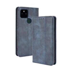 For Google Pixel 5a 5G Magnetic Buckle Retro Pattern Horizontal Flip Leather Case with Holder & Card Slot & Wallet(Blue) (OEM)
