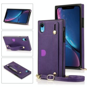 For iPhone XR Wrist Strap PU+TPU Shockproof Protective Case with Crossbody Lanyard & Holder & Card Slot(Purple) (OEM)