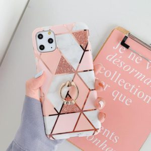 For iPhone 11 Pro Max Plating Colorful Geometric Pattern Mosaic Marble TPU Mobile Phone Case Rhinestone Stand Ring(Pink PR1) (OEM)