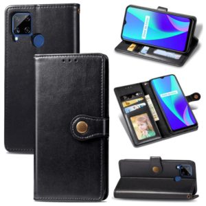 For OPPO Realme C15 Retro Solid Color Leather Buckle Phone Case with Lanyard & Photo Frame & Card Slot & Wallet & Stand Function(Black) (OEM)