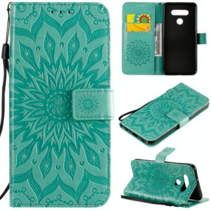 For LG K51 Pressed Printing Sunflower Pattern Horizontal Flip PU Leather Case Holder & Card Slots & Wallet & Lanyard(Green) (OEM)