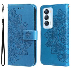 For Tecno Camon 18 Premier 7-petal Flowers Embossed Flip Leather Phone Case(Blue) (OEM)