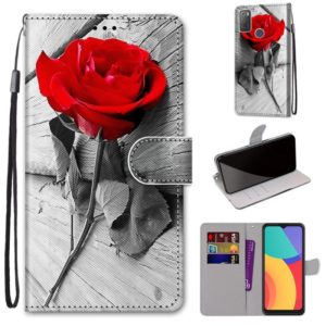 For Alcatel 3L 2021 Coloured Drawing Cross Texture Horizontal Flip PU Leather Case with Holder & Card Slots & Wallet & Lanyard(Wood Red Rose) (OEM)