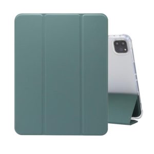 For iPad Pro 11 2022 / 2021 Three-folding Electric Pressed Skin Texture Horizontal Flip Shockproof Transparent TPU + PU Leather Tablet Case with Holder & Pen Slot & Sleep / Wake-up Function(Dark Green) (OEM)