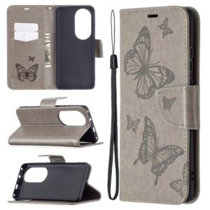 For Huawei P50 Pro Two Butterflies Embossing Pattern Horizontal Flip Leather Case with Holder & Card Slot & Wallet & Lanyard(Grey) (OEM)