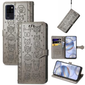 For Oukitel C21 Lovely Cat and Dog Embossing Pattern Horizontal Flip Leather Case , with Holder & Card Slots & Wallet & Cartoon Clasp & Lanyard(Grey) (OEM)