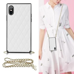 For iPhone X / XS Elegant Rhombic Pattern Microfiber Leather +TPU Shockproof Case with Crossbody Strap Chain(White) (OEM)