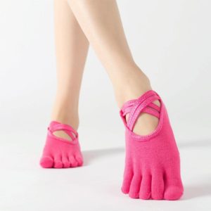 Terry Five-Finger Socks Cotton Thickened Warm and Non-Slip Yoga Socks Cross Strap Dance Socks, Size: One Size(Full Toe (Rose Red)) (OEM)