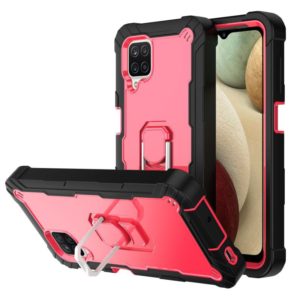 For Samsung Galaxy A12 5G PC + Rubber 3-layers Shockproof Protective Case with Rotating Holder(Black + Rose Red) (OEM)